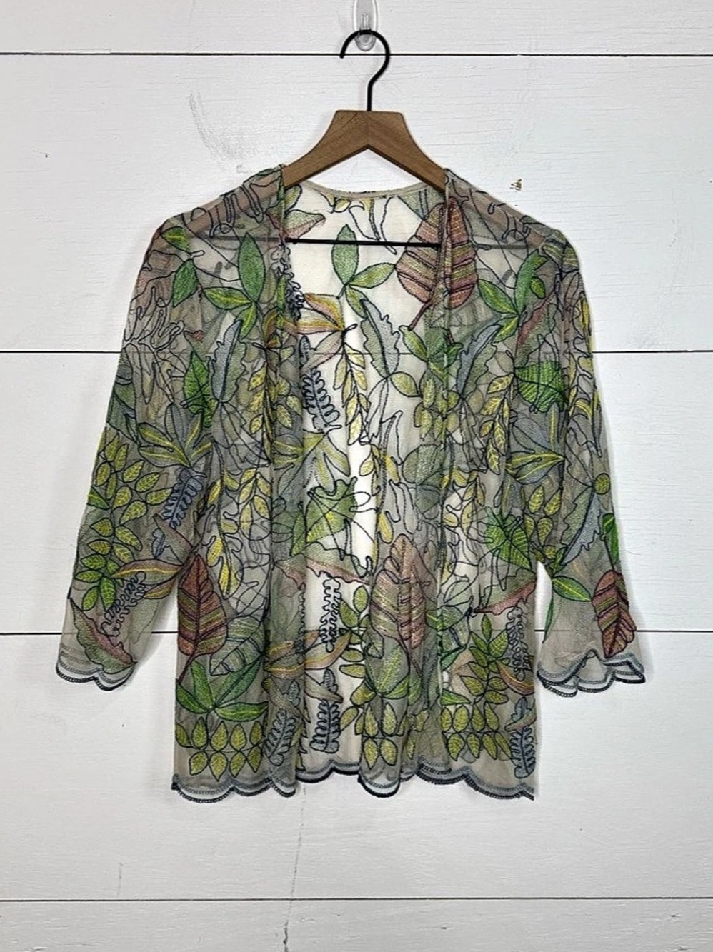 Chicoโs โข Floral Embroidered Open Front Kimono Cardigan